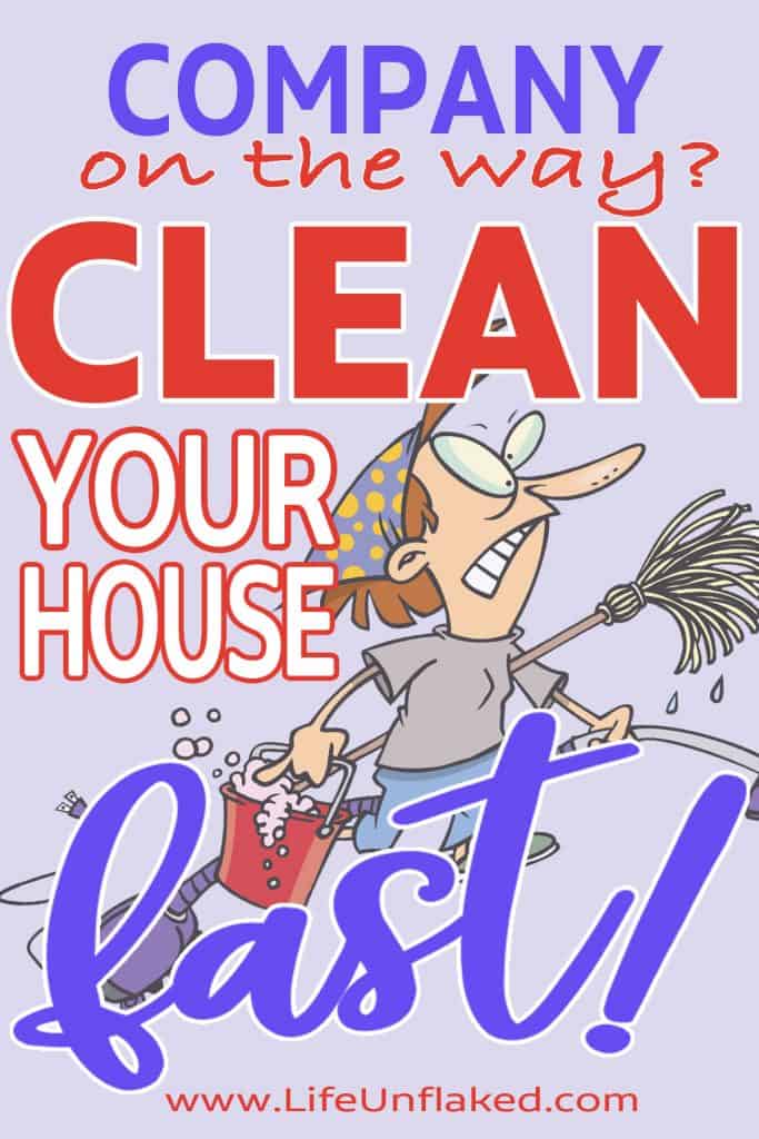 pinterest image: cleaning lady mom with mop and bucket running to speed clean house, text "company on the way? clean your house fast!"
