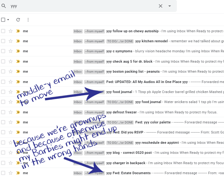 screen shot of gmail inbox with "yyy" emails to track to dos, handwritten text "muddle-y email to move" and arrow pointing to "yyy food journal" email, handwritten text "because we're grownups and because otherwise my Barbies might end up in the wrong hands" with arrow pointing to "yyy Fwd: Estate Documents"