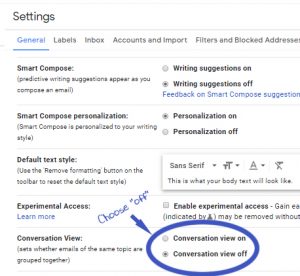 screen shot of gmail settings with radio buttons "conversation view on" and "conversation view off" circled and the words "choose 'off'" and arrow pointing to circle