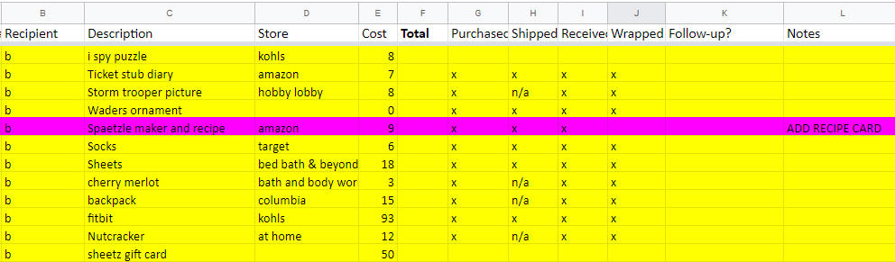 sample spreadsheet with columns to track christmas gifts. columns: recipient, description, store, cost, total, purchased, shipped, received, wrapped, follow up?, notes