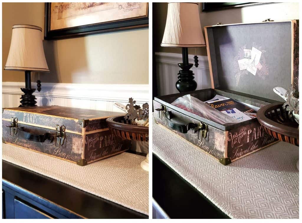 two photos side by side. left photo has closed box and lamp on side table. right photo has same box and lamp with box open and holding papers