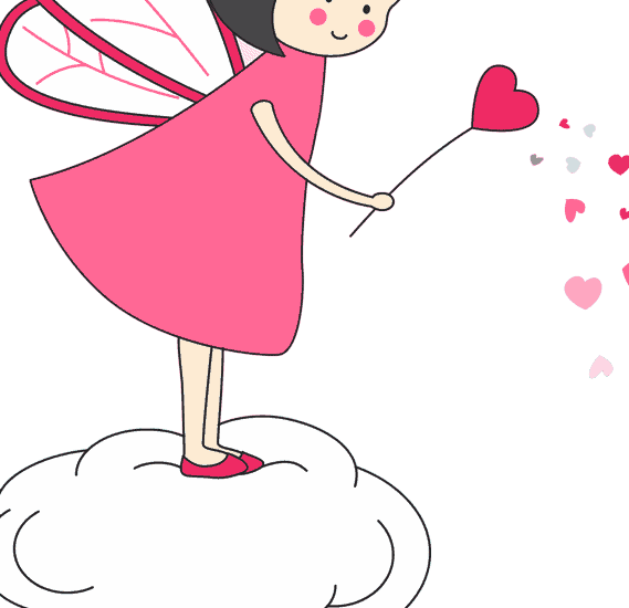 flylady girl with wings on cloud with wand and lots of tiny hearts