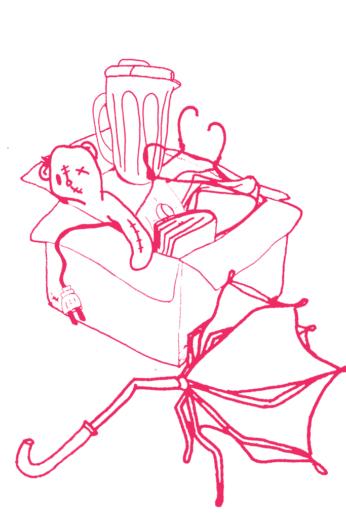 line drawing of box of junk to declutter including old teddy bear, blender, hangers, books, and broken umbrella that all need to go in the trash