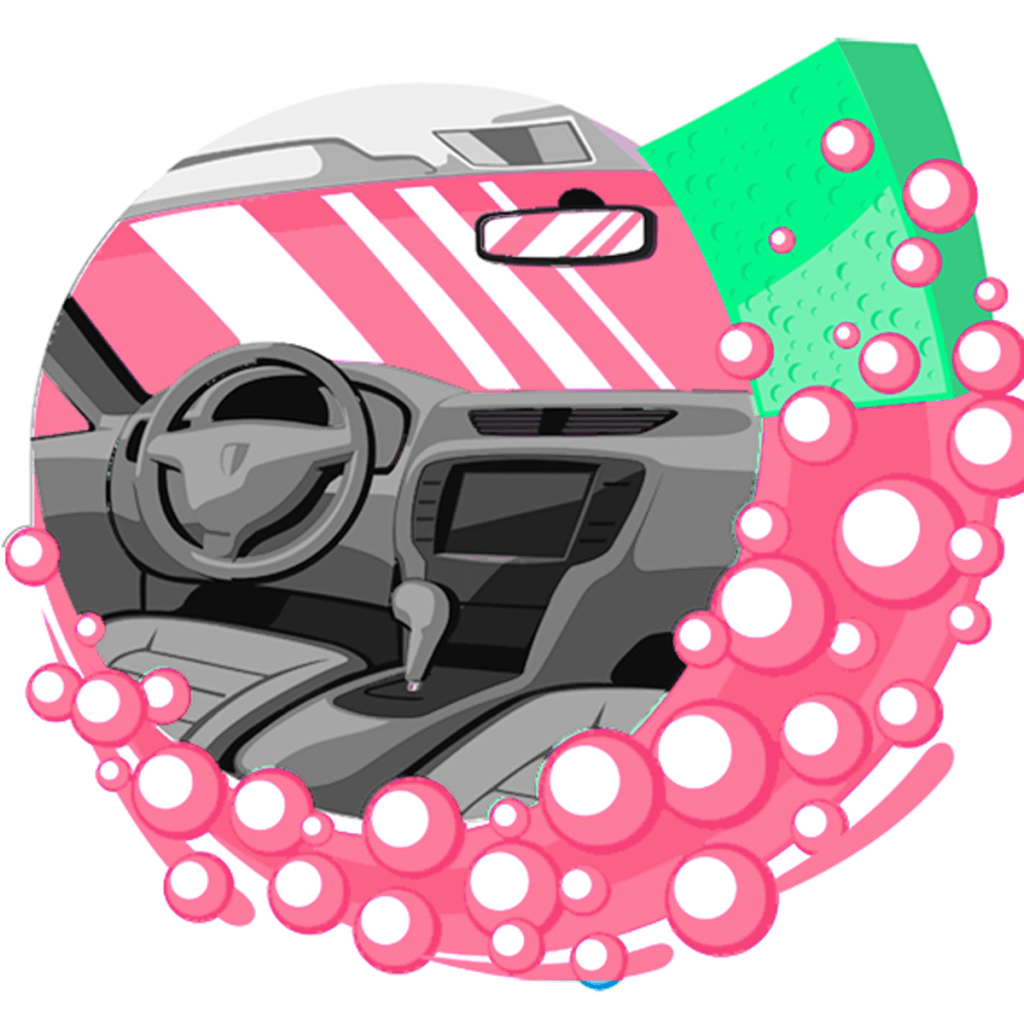 cartoon of clean car interior surrounded by bubbles