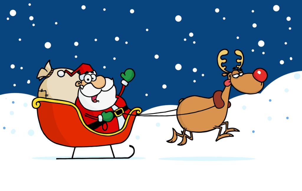 cartoon santa and rudolph prepare for Christmas ride with sleigh and gifts in snow