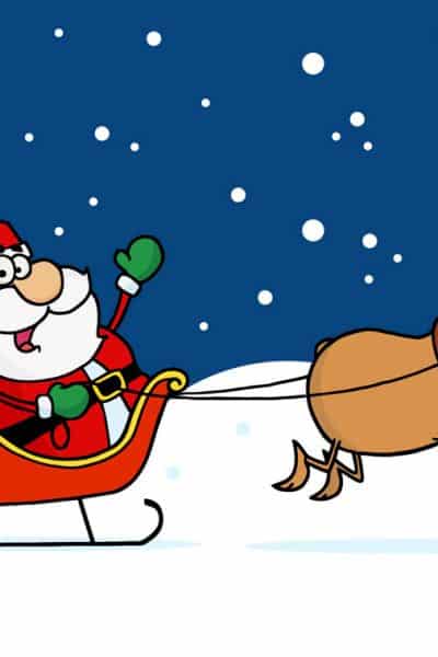 cartoon of santa and rudolph with sleigh full of gifts