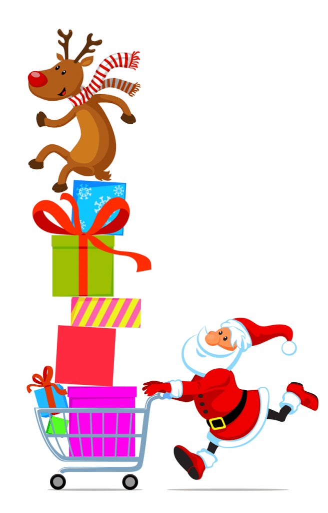 cartoon santa shopping for christmas gifts with shopping cart piled high with gifts and rudolph sitting on top
