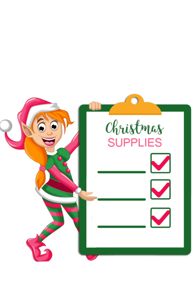 elf with christmas supply list on clipboard